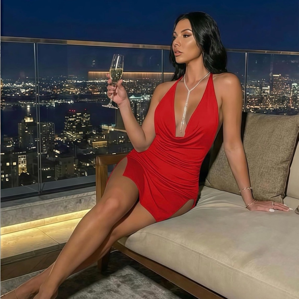 Red Halter Mini Dress with Deep V